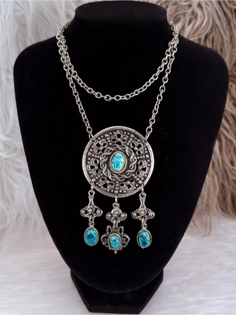 Egyptian Revival Scarab Medallion Necklace Blue Cabochon Dangles Silver Tone